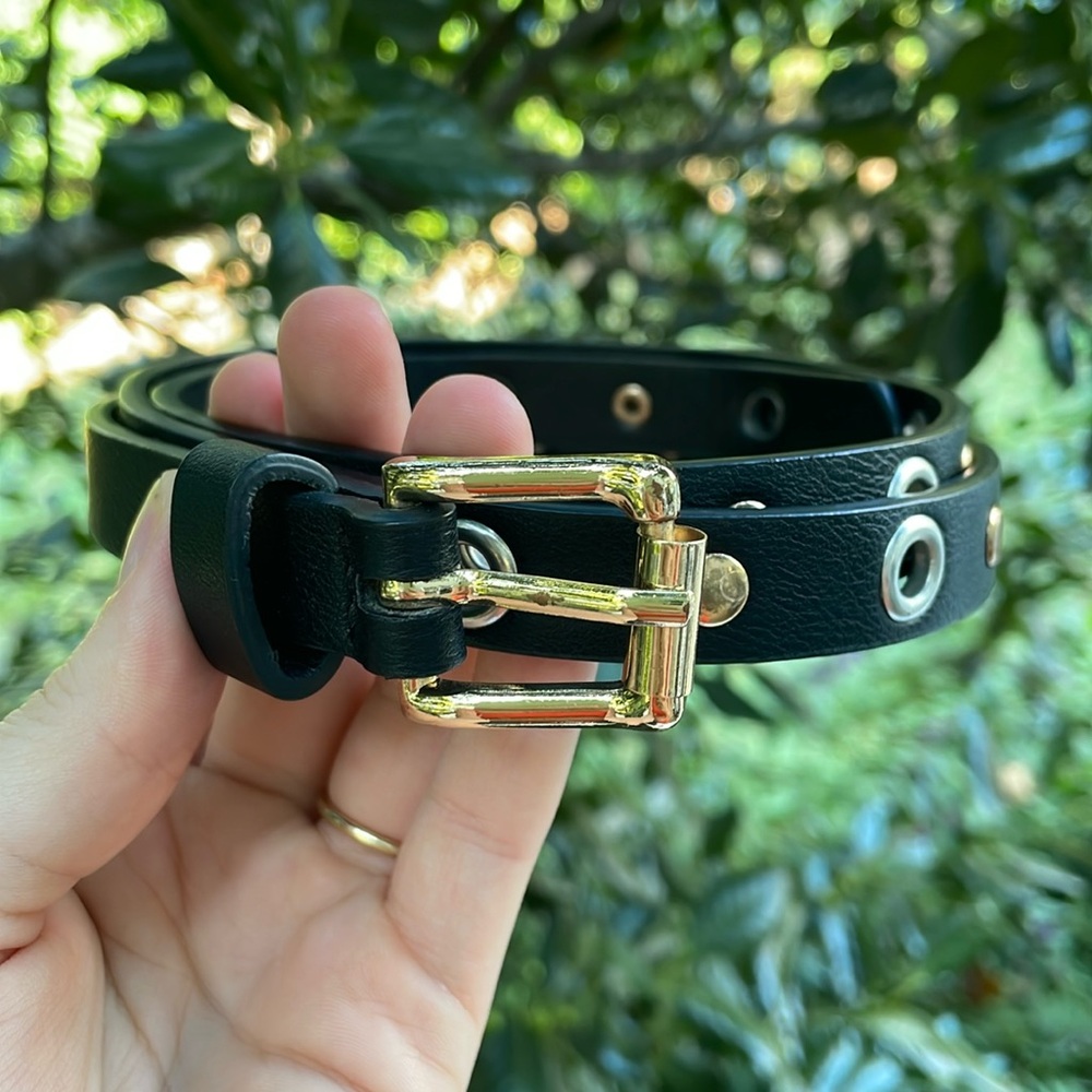 Black Faux Leather Grommets Skinny Belt